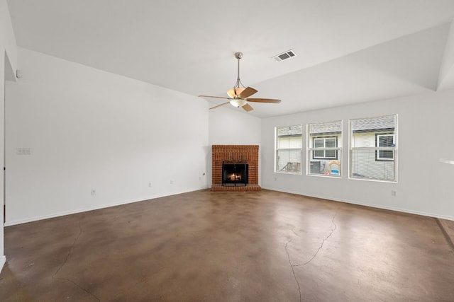 707 Eaglecreek Dr, Leander, TX 78641 - unfurnished living room featuring a ceiling fan, concrete floors, lofted ceiling, and a fireplace