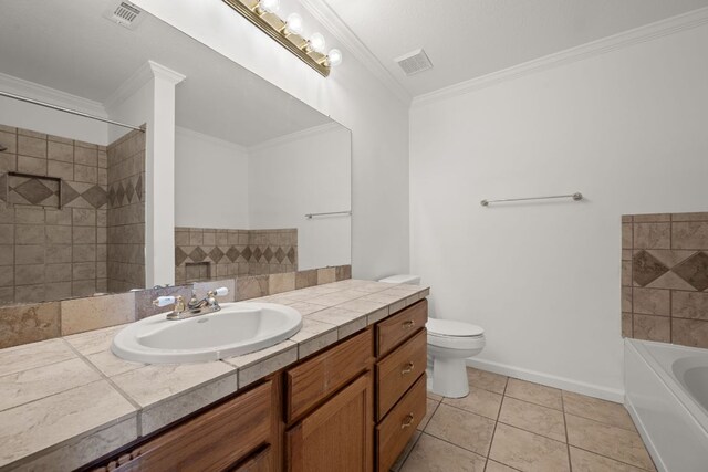 707 Eaglecreek Dr, Leander, TX 78641 - bathroom with a bath, vanity, crown molding, tile patterned flooring, and tiled shower