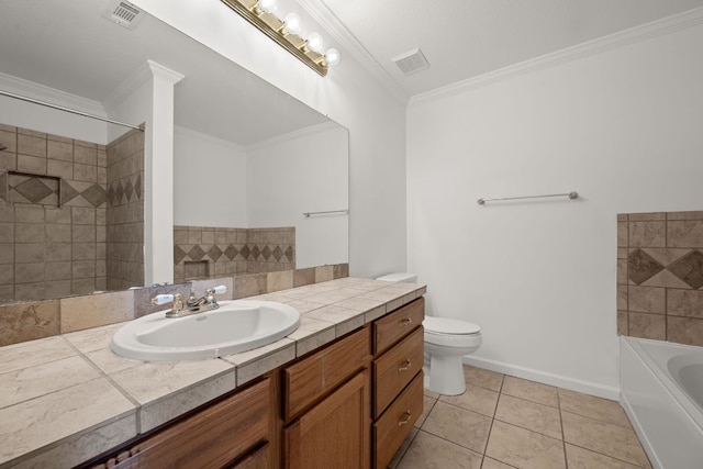 707 Eaglecreek Dr, Leander, TX 78641 - bathroom featuring a bath, vanity, ornamental molding, tile patterned floors, and tiled shower