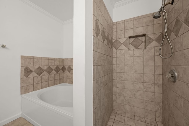 707 Eaglecreek Dr, Leander, TX 78641 - bathroom with crown molding, a bath, and tiled shower