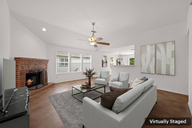 707 Eaglecreek Dr, Leander, TX 78641 - living room with ceiling fan, a brick fireplace, and recessed lighting