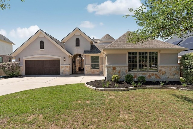 2105 Peoria Dr, Leander, TX 78641 - french country home featuring stone siding, stucco siding, driveway, and a front yard