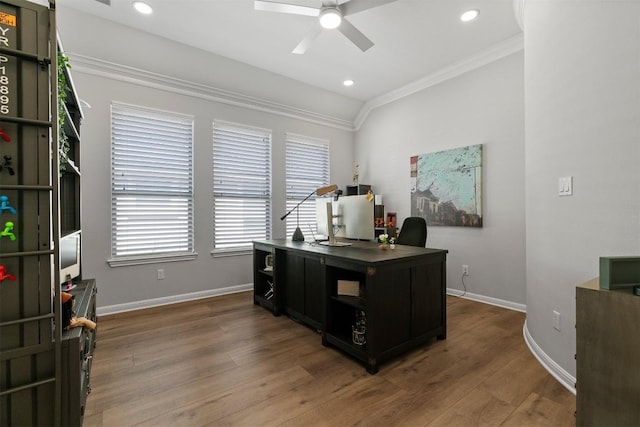 2105 Peoria Dr, Leander, TX 78641 - office space with ornamental molding, a ceiling fan, wood finished floors, and recessed lighting