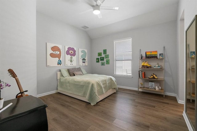 2105 Peoria Dr, Leander, TX 78641 - bedroom featuring vaulted ceiling, wood finished floors, and a ceiling fan