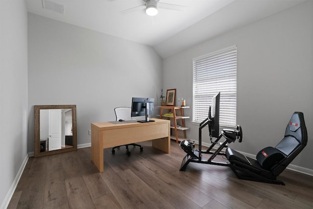 2105 Peoria Dr, Leander, TX 78641 - home office featuring wood finished floors, a ceiling fan, and vaulted ceiling
