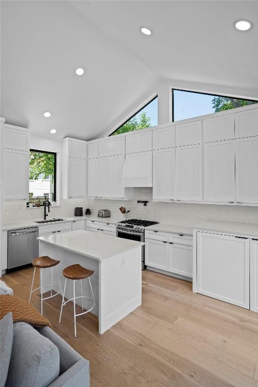 2216 Lindell Ave Unit 2, Austin, TX 78704 - kitchen featuring stainless steel appliances, premium range hood, vaulted ceiling, white cabinetry, and light countertops