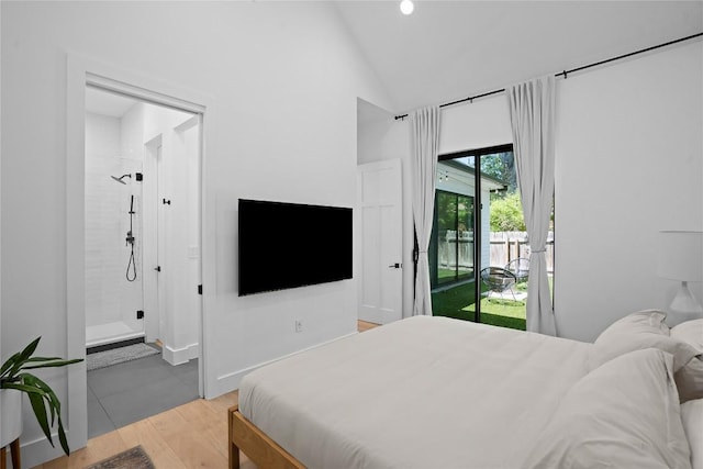 2216 Lindell Ave Unit 2, Austin, TX 78704 - bedroom featuring access to exterior, high vaulted ceiling, and light wood finished floors