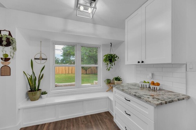 409 White Wing Way, Round Rock, TX 78664 - kitchen with decorative backsplash, dark wood-style floors, white cabinetry, and light stone countertops