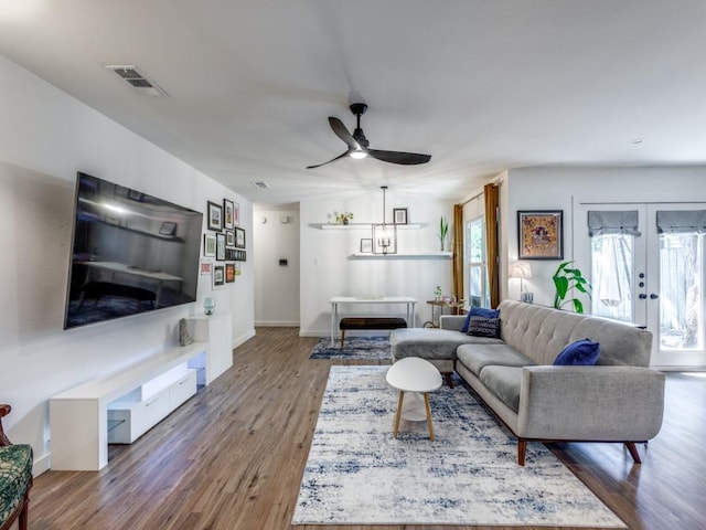 11405 Bristle Oak Trl, Austin, TX 78750 - living area with wood finished floors, a ceiling fan, and french doors