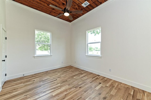 1104 E Salty St, Thorndale, TX 76577 - unfurnished room with wooden ceiling, crown molding, plenty of natural light, a ceiling fan, and light wood-style floors