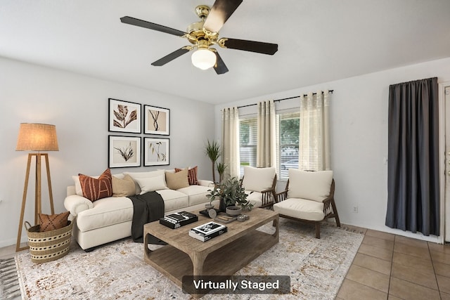 1444 Kenneys Way, Round Rock, TX 78665 - living room featuring a ceiling fan and tile patterned floors