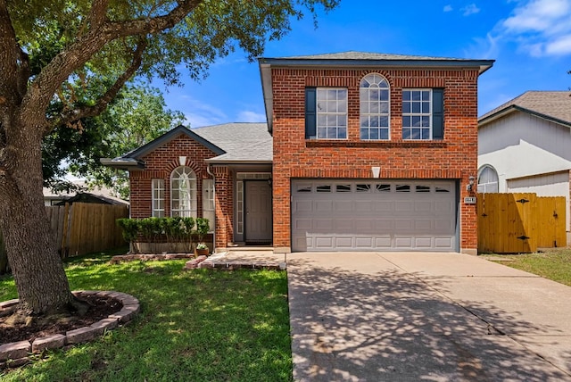 1213 Pathfinder Way, Round Rock, TX 78665 - traditional-style home featuring brick siding, concrete driveway, roof with shingles, a garage, and a gate