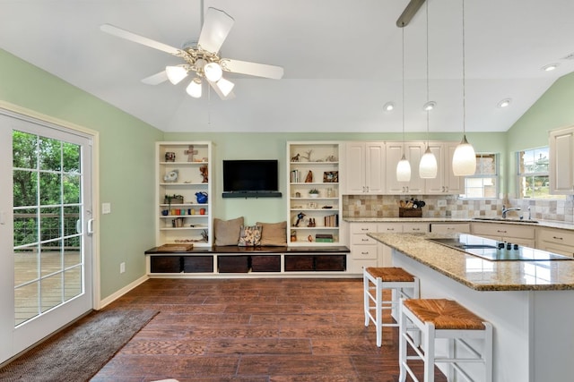 1011 Windmill Rd, Dripping Springs, TX 78620 - kitchen with vaulted ceiling, black electric cooktop, dark wood-type flooring, light stone counters, and a breakfast bar area
