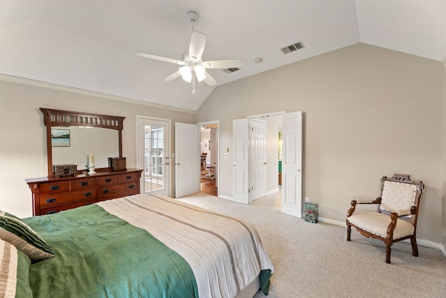 1011 Windmill Rd, Dripping Springs, TX 78620 - bedroom featuring vaulted ceiling, light colored carpet, and ceiling fan