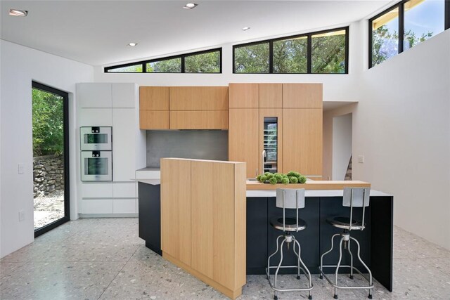 1900 Airole Way, Austin, TX 78704 - kitchen featuring modern cabinets, stainless steel double oven, light countertops, a kitchen island, and a kitchen bar