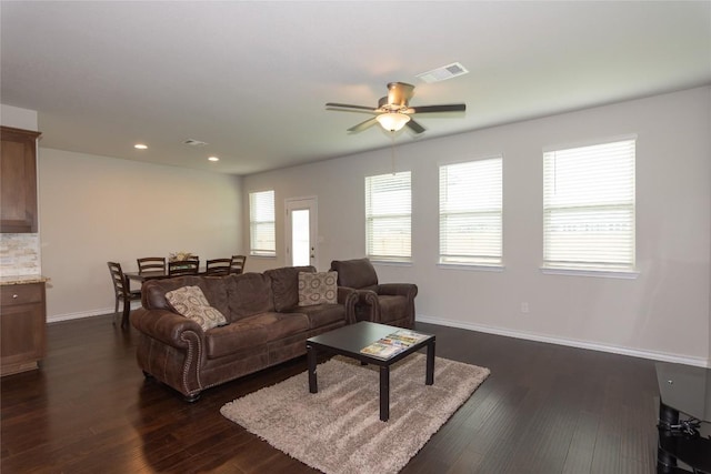 6007 Agostino Cv, Round Rock, TX 78665 - living room featuring a ceiling fan, dark wood-style flooring, and recessed lighting