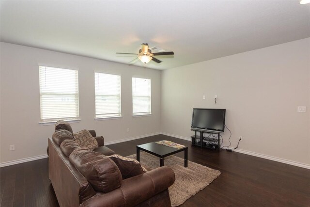 6007 Agostino Cv, Round Rock, TX 78665 - living room featuring a ceiling fan and dark wood finished floors