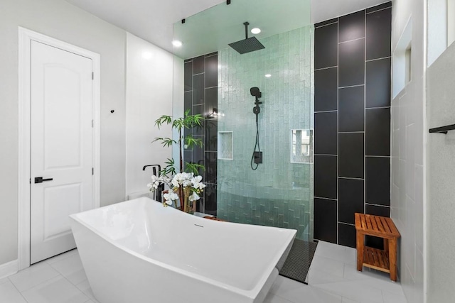 1720 Boscello Ct, Leander, TX 78641 - full bathroom featuring a freestanding tub, walk in shower, and recessed lighting