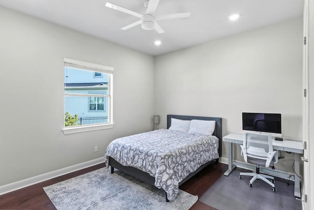 1720 Boscello Ct, Leander, TX 78641 - bedroom featuring wood finished floors, recessed lighting, an office area, and a ceiling fan