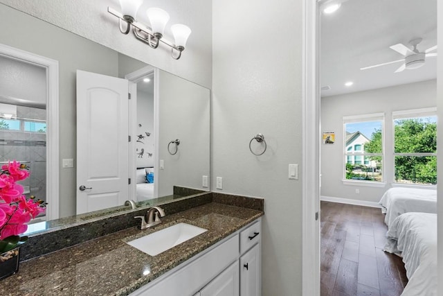 1720 Boscello Ct, Leander, TX 78641 - ensuite bathroom featuring wood finished floors, vanity, and ceiling fan