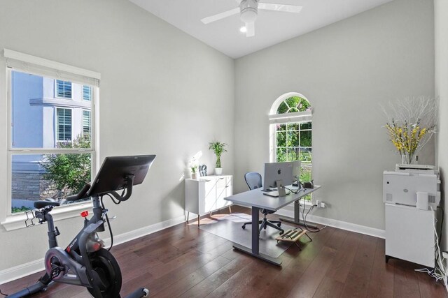 1720 Boscello Ct, Leander, TX 78641 - office area with plenty of natural light, a ceiling fan, and wood-type flooring