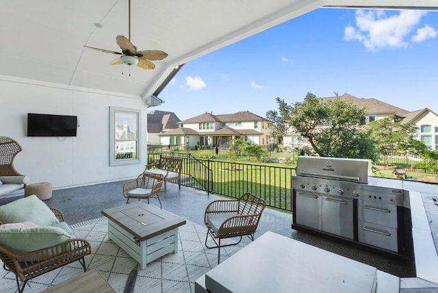 1720 Boscello Ct, Leander, TX 78641 - view of patio featuring ceiling fan, exterior kitchen, a residential view, and outdoor lounge area
