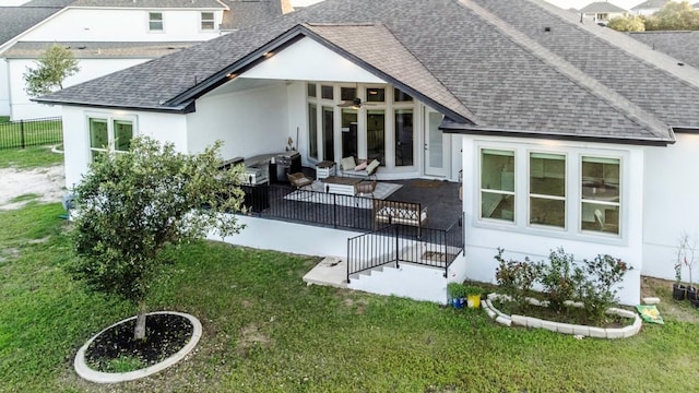 1720 Boscello Ct, Leander, TX 78641 - back of property with a shingled roof, ceiling fan, stucco siding, and a patio area
