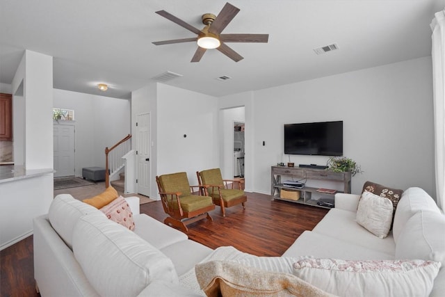 4201 Veiled Falls Dr, Pflugerville, TX 78660 - living area with a ceiling fan, stairway, and wood finished floors