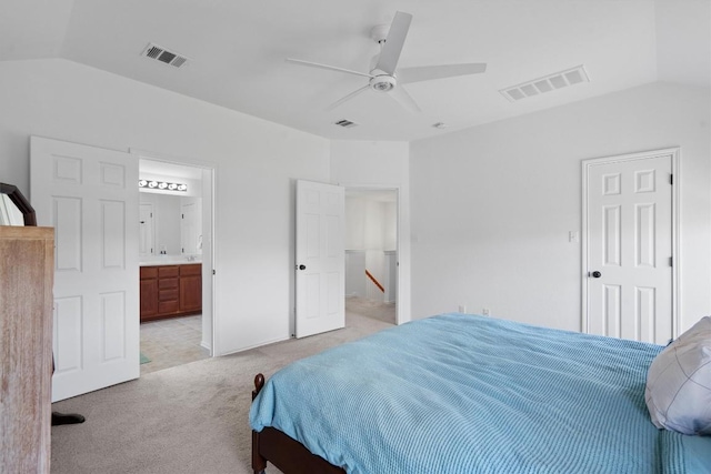 4201 Veiled Falls Dr, Pflugerville, TX 78660 - bedroom featuring light colored carpet, lofted ceiling, ensuite bathroom, and a ceiling fan