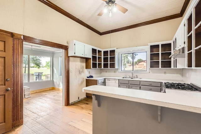 3701 Fm 972, Georgetown, TX 78626 - kitchen featuring open shelves, crown molding, dishwasher, a peninsula, and light wood-style flooring