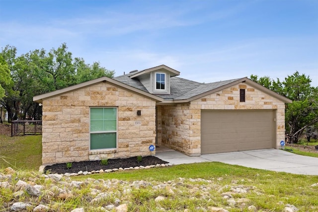 1703 Omaha Dr, Lago Vista, TX 78645 - view of front of property featuring stone siding, an attached garage, driveway, and roof with shingles