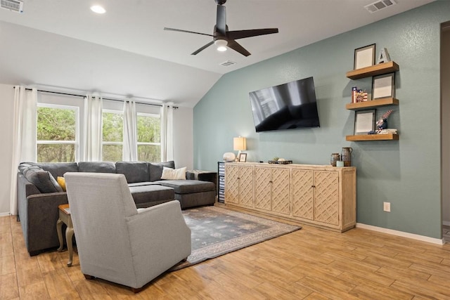 1703 Omaha Dr, Lago Vista, TX 78645 - living area featuring ceiling fan, vaulted ceiling, light wood-style flooring, and recessed lighting