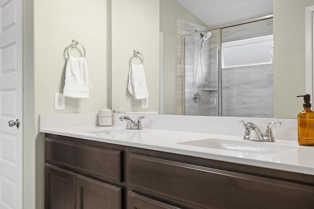 1703 Omaha Dr, Lago Vista, TX 78645 - bathroom with a shower stall, double vanity, and vaulted ceiling