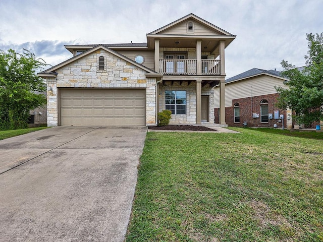 11509 Timber Heights Dr, Austin, TX 78754 - view of front of property with stone siding, a balcony, driveway, a front yard, and a garage