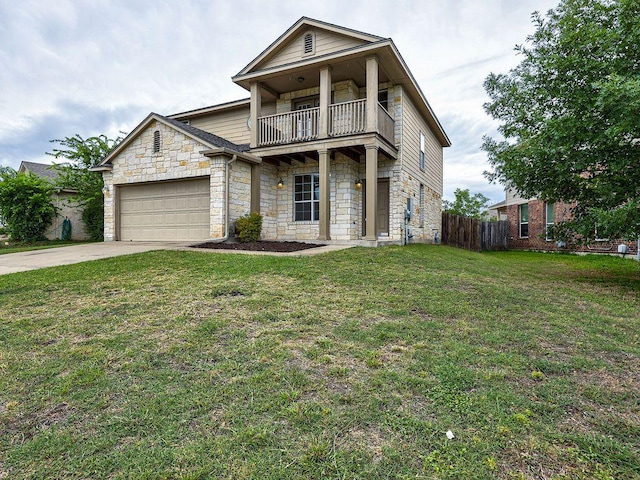 11509 Timber Heights Dr, Austin, TX 78754 - traditional-style house featuring a balcony, stone siding, an attached garage, and driveway