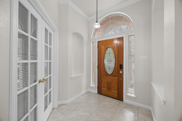 1500 Amelia Dr, Cedar Park, TX 78613 - foyer entrance with crown molding, plenty of natural light, french doors, and light tile patterned flooring