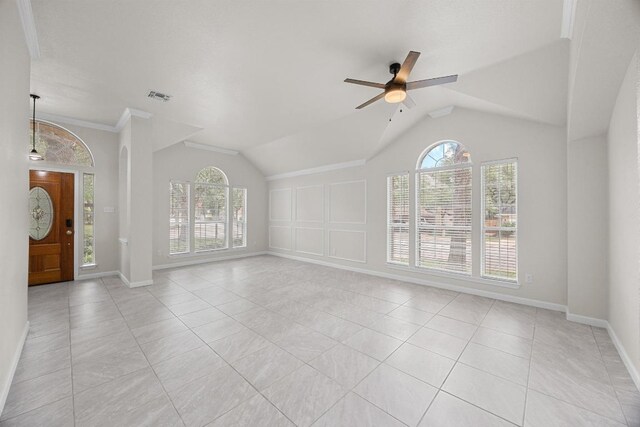 1500 Amelia Dr, Cedar Park, TX 78613 - unfurnished living room with vaulted ceiling, ceiling fan, and light tile patterned floors