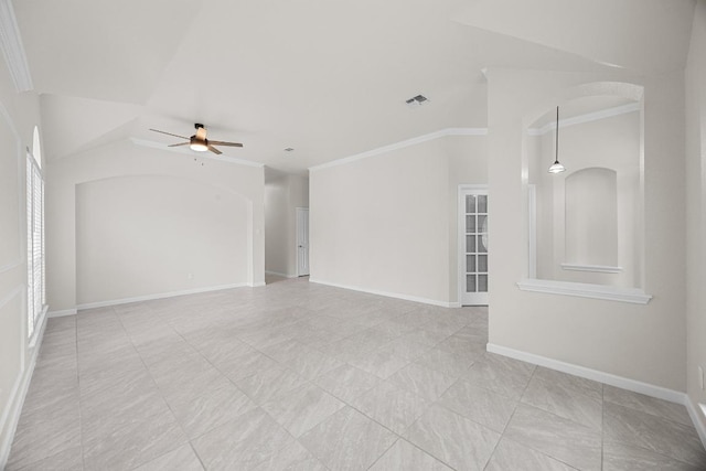 1500 Amelia Dr, Cedar Park, TX 78613 - empty room with a ceiling fan, arched walkways, crown molding, and lofted ceiling