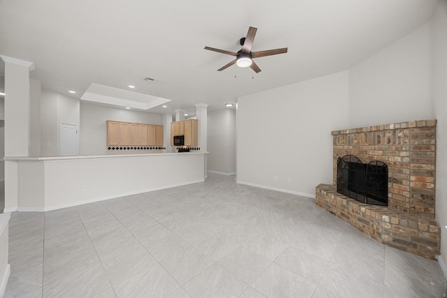 1500 Amelia Dr, Cedar Park, TX 78613 - unfurnished living room featuring a ceiling fan, a brick fireplace, and recessed lighting
