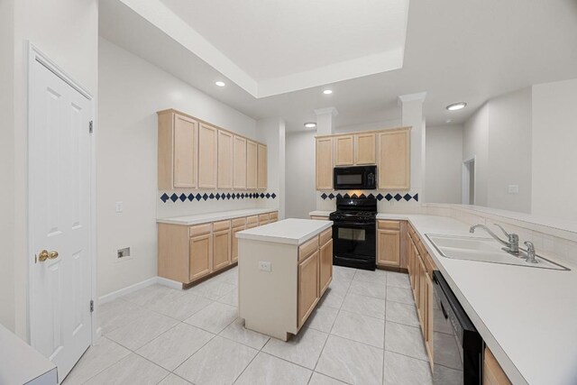 1500 Amelia Dr, Cedar Park, TX 78613 - kitchen featuring black appliances, light brown cabinetry, backsplash, recessed lighting, and light countertops