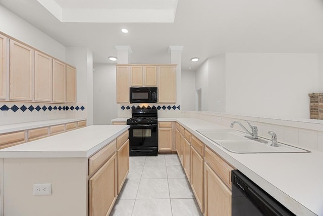 1500 Amelia Dr, Cedar Park, TX 78613 - kitchen featuring black appliances, light brown cabinets, decorative backsplash, light countertops, and recessed lighting