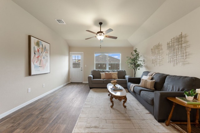 3305 Tilmon Ln, Austin, TX 78725 - living area featuring wood finished floors, ceiling fan, and lofted ceiling
