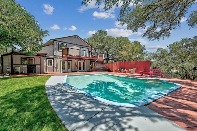 15507 Enid Dr, Austin, TX 78734 - view of pool featuring french doors, stairs, a patio, and a wooden deck