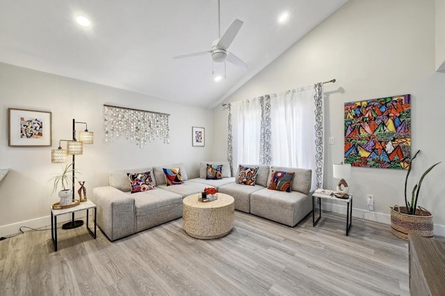 15507 NE Enid Dr, Austin, TX 78734 - living area with high vaulted ceiling, wood finished floors, a ceiling fan, and recessed lighting
