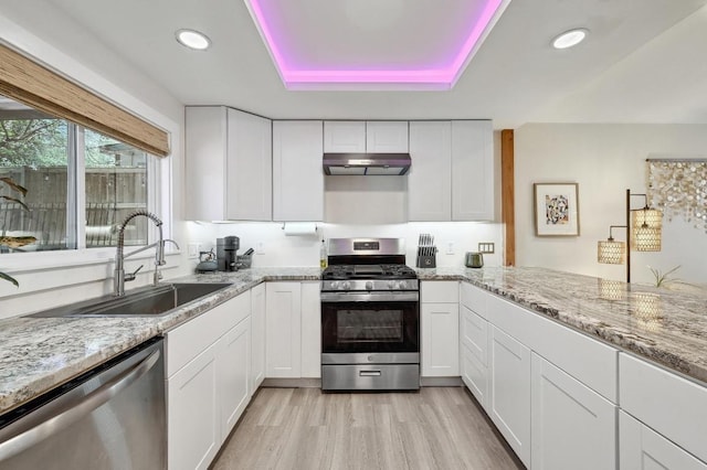 15507 NE Enid Dr, Austin, TX 78734 - kitchen featuring appliances with stainless steel finishes, under cabinet range hood, a raised ceiling, white cabinets, and recessed lighting