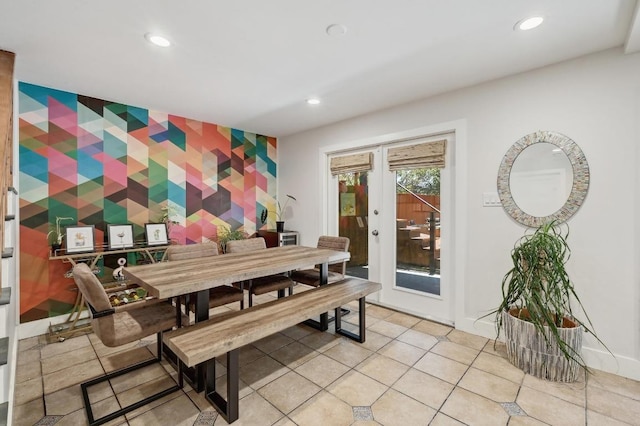 15507 NE Enid Dr, Austin, TX 78734 - dining area featuring an accent wall, wallpapered walls, french doors, recessed lighting, and light tile patterned floors