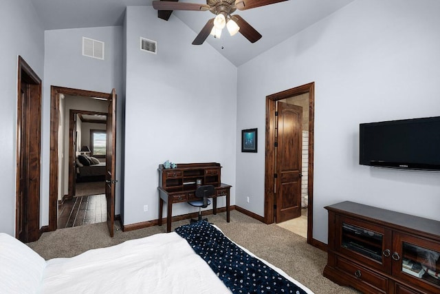 908 Watercliffe Dr, Lago Vista, TX 78645 - carpeted bedroom with high vaulted ceiling, connected bathroom, and a ceiling fan