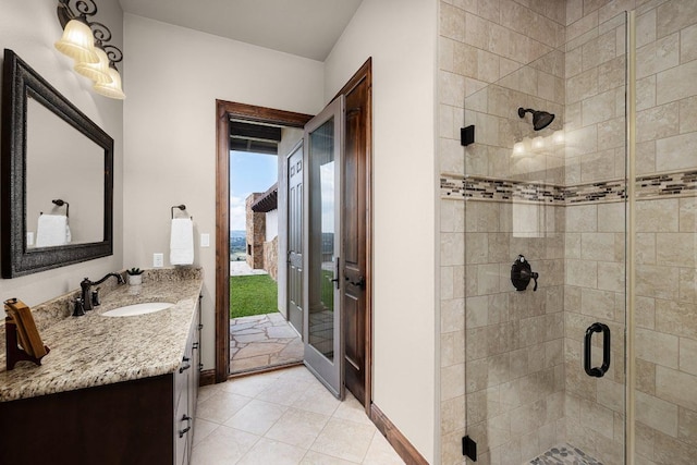 908 Watercliffe Dr, Lago Vista, TX 78645 - bathroom featuring a shower stall, vanity, and tile patterned floors
