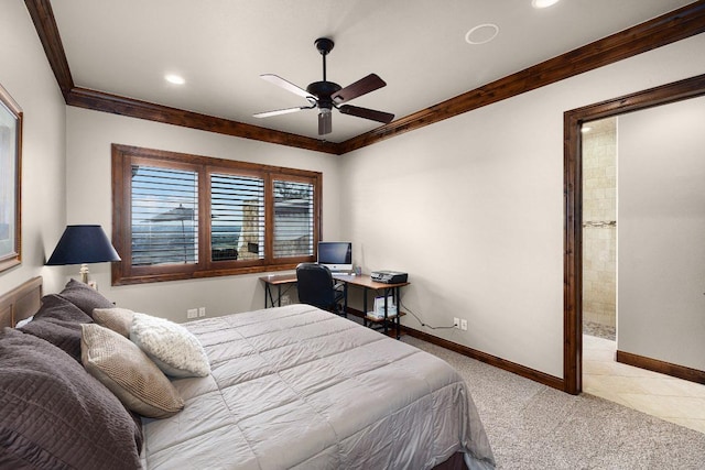 908 Watercliffe Dr, Lago Vista, TX 78645 - carpeted bedroom with crown molding, recessed lighting, and ceiling fan