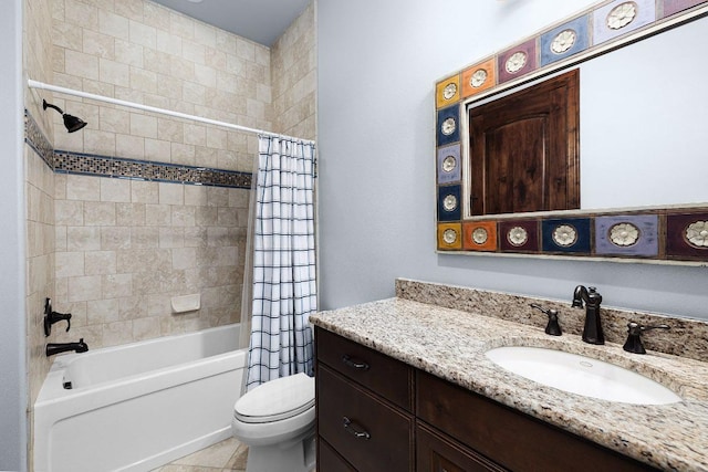 908 Watercliffe Dr, Lago Vista, TX 78645 - bathroom with vanity, shower / tub combo with curtain, and tile patterned floors